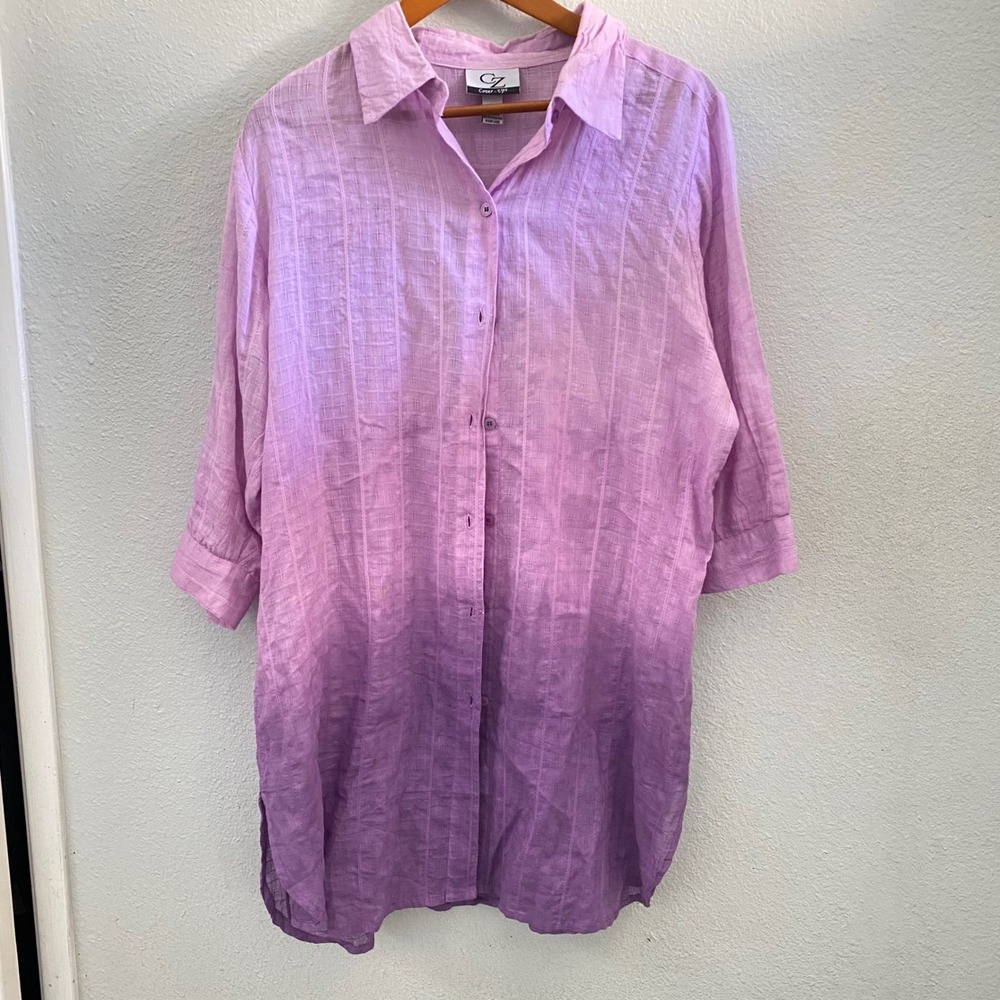 CZ Cover-Ups Purple Ombre 100% Cotton Button Up Tunic Shirt 3/4 Sleeve Large L